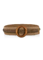 Womens Wooden Buckle Straw Belt, Brown, Size S-M