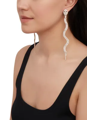 Womens Snake Rhinestone Fringe Drop Earrings, Gold