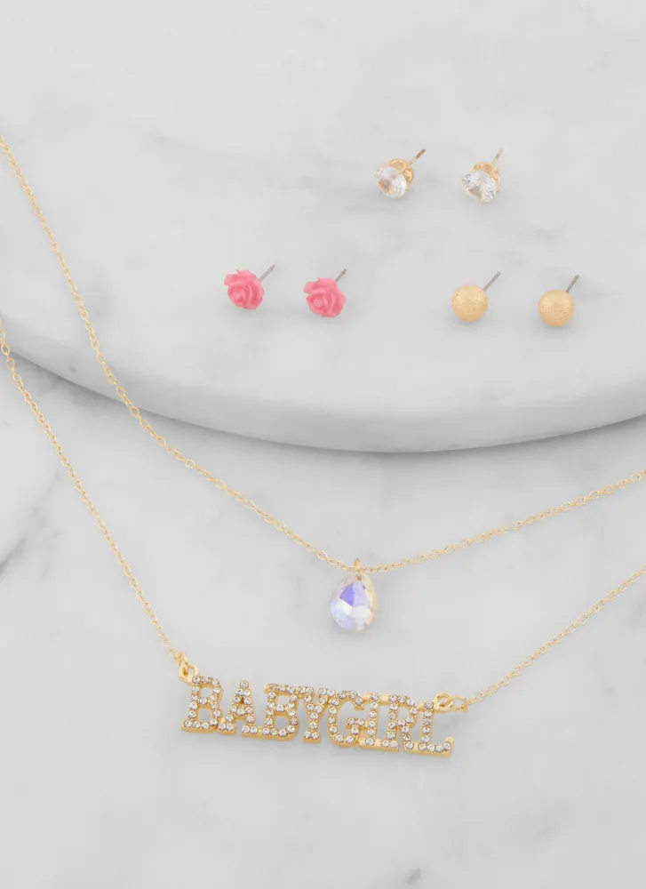 Womens Baby Girl Necklace and Stud Earrings Set, Gold