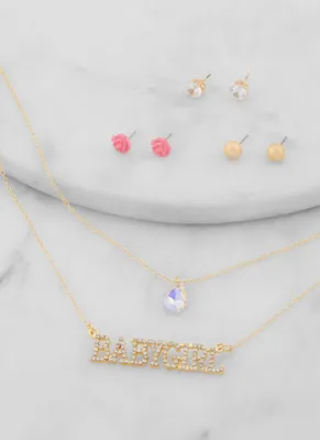 Womens Baby Girl Necklace and Stud Earrings Set, Gold