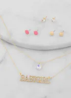 Womens Baby Girl Necklace and Stud Earrings Set, Gold