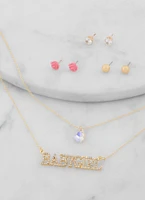 Womens Baby Girl Necklace and Stud Earrings Set, Gold