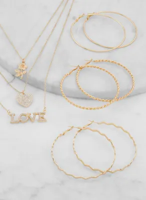 Womens Layered Love Necklace and Hoop Earrings Set, Gold