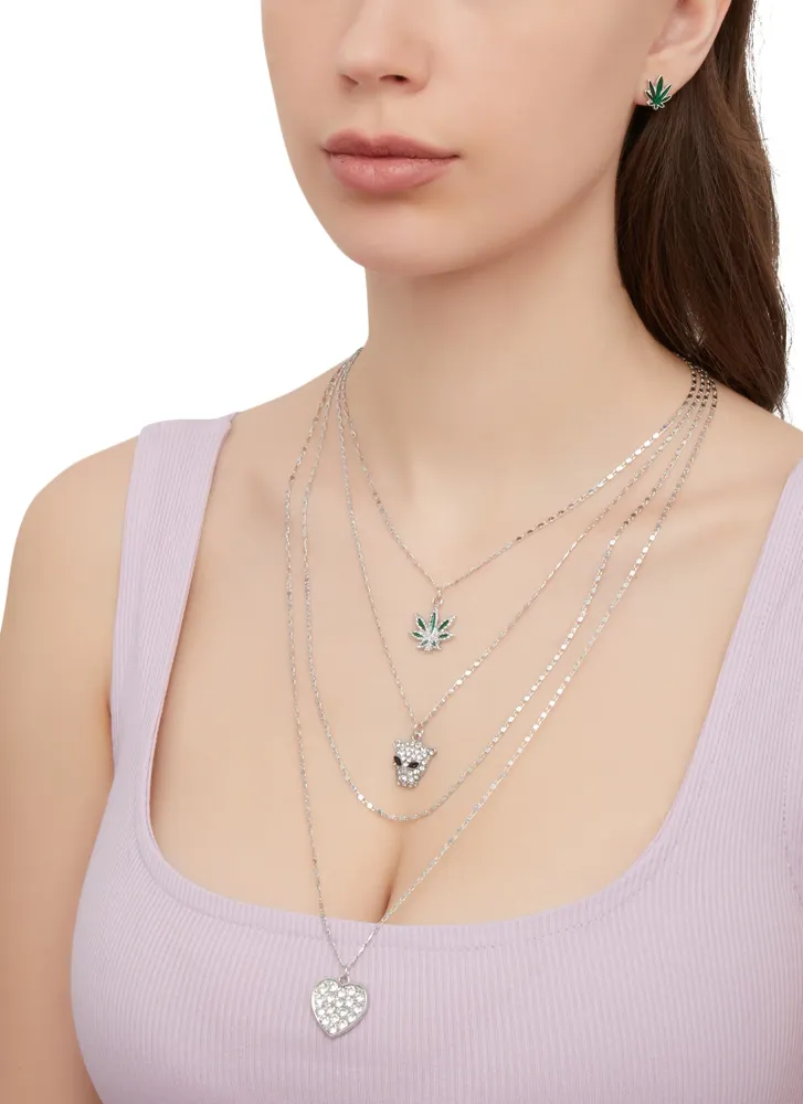 Womens Rhinestone Charm Necklace and Stud Earrings, Silver