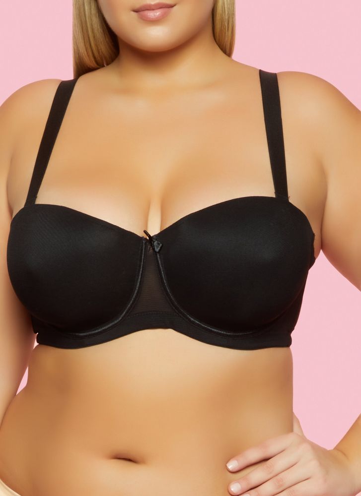 Womens Plus Size Mesh Solid Balconette Bra | Converts to Strapless, Black, Size 38DD