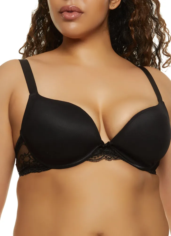 Solid Scalloped Lace Plunge Bra - Black