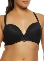 Womens Plus Mesh Lace Detail Plunge Bra, Black,