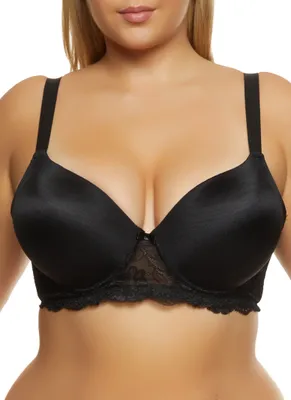 Womens Plus Size Lace Trim Padded Plunge Bra, Black, Size 40C