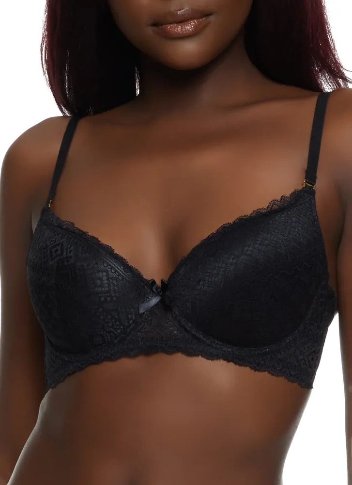 Womens Aztec Lace Trim Plunge Bra, Black, Size 36D