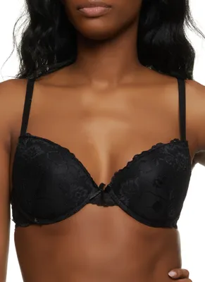 Womens Basic Floral Lace Plunge Bra, Black,