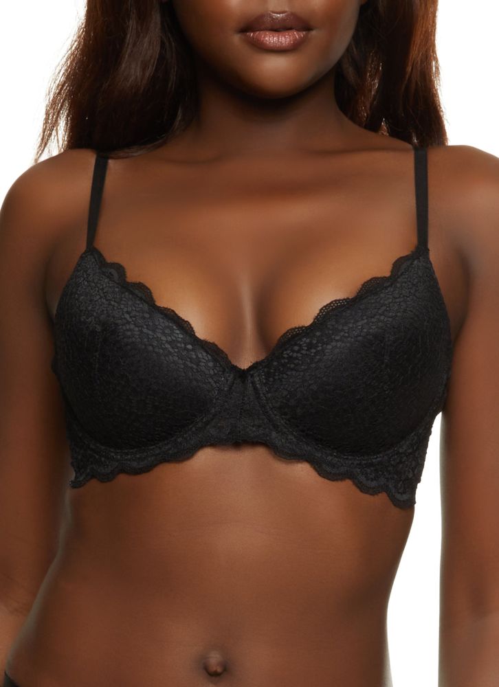 Womens Scalloped Hem Lace Plunge Bra, Black,