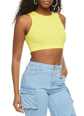 Womens Ribbed High Neck Seamless Tank Top, Yellow, Size M-L
