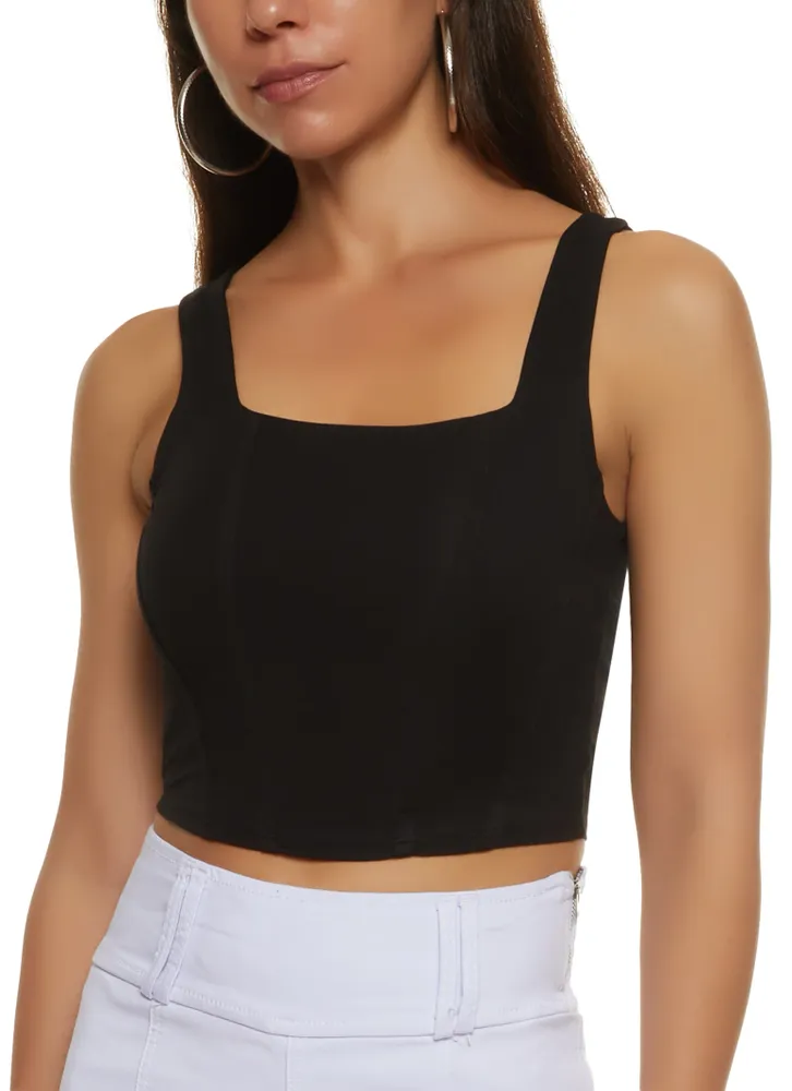 Womens Square Neck Corset Crop Top, Black, Size M