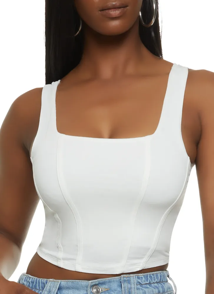 Womens Square Neck Corset Crop Top, White, Size M