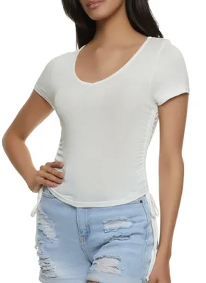 Womens Ruched V Neck Tee, White, Size S