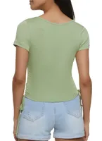 Womens Ruched V Neck Tee, Green, Size S