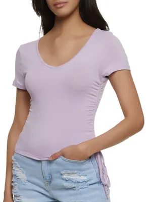 Womens Ruched V Neck Tee, Purple, Size S