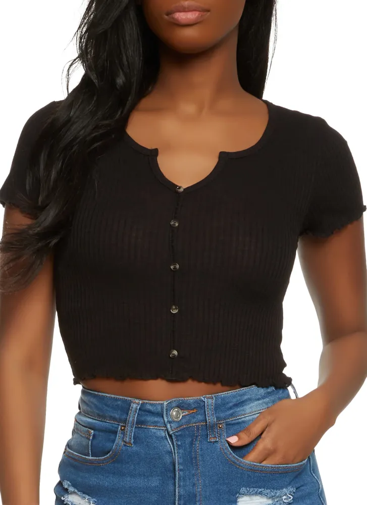 Womens Lettuce Edge Notch Neck Crop Top,