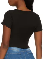 Womens Lettuce Edge Notch Neck Crop Top,