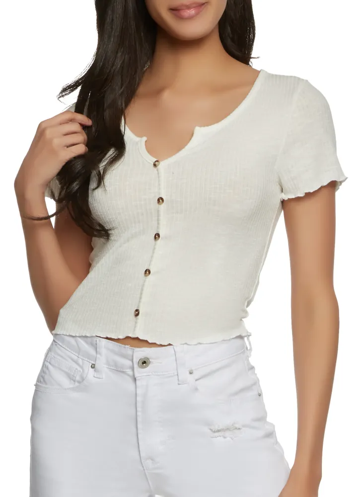 Womens Lettuce Edge Notch Neck Crop Top, White, Size L