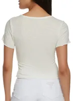 Womens Lettuce Edge Notch Neck Crop Top, White, Size L