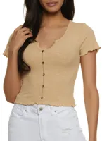 Womens Lettuce Edge Notch Neck Crop Top,