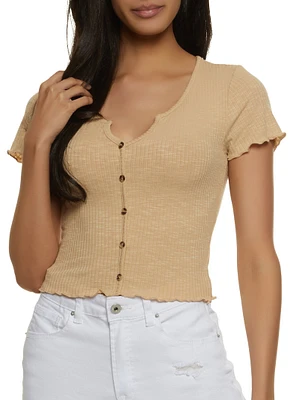 Womens Lettuce Edge Notch Neck Crop Top, Beige,