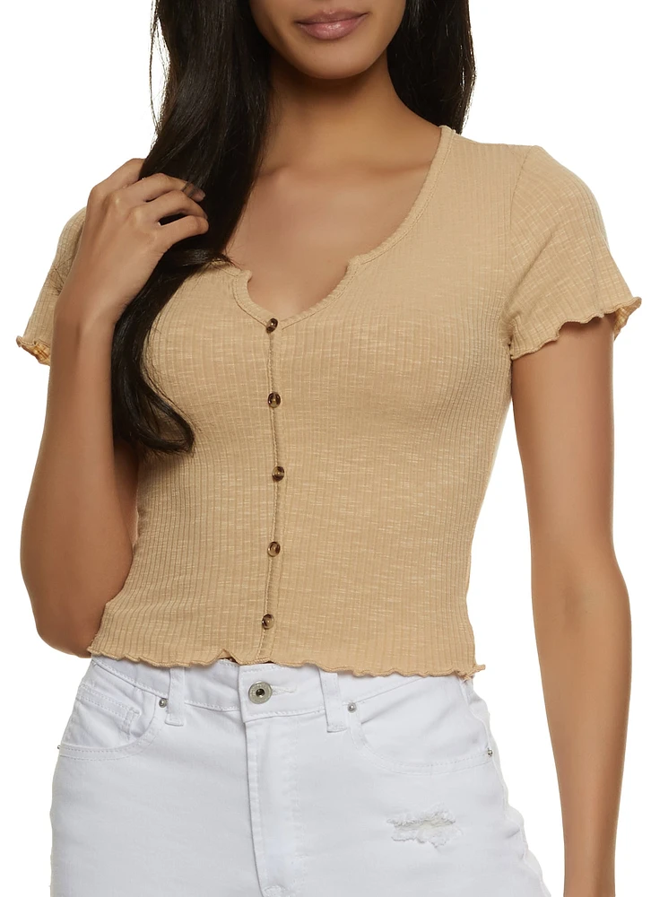 Womens Lettuce Edge Notch Neck Crop Top, Beige,