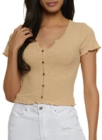 Womens Lettuce Edge Notch Neck Crop Top, Beige,