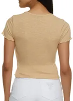 Womens Lettuce Edge Notch Neck Crop Top,