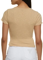 Womens Lettuce Edge Notch Neck Crop Top, Beige,