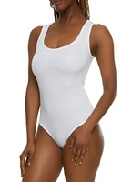 Womens Ribbed Knit Seamless Scoop Neck Sleeveless Bodysuit, White, Size S-M