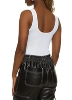 Womens Ribbed Knit Seamless Scoop Neck Sleeveless Bodysuit, White, Size S-M