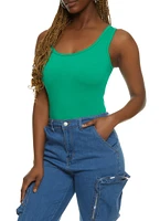 Womens Ribbed Knit Seamless Scoop Neck Sleeveless Bodysuit, Green, Size S-M