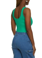 Womens Ribbed Knit Seamless Scoop Neck Sleeveless Bodysuit, Green, Size S-M