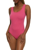 Womens Ribbed Knit Seamless Scoop Neck Sleeveless Bodysuit, Pink,