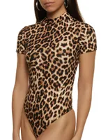 Womens Patterned Mock Neck Bodysuit, Brown, Size S