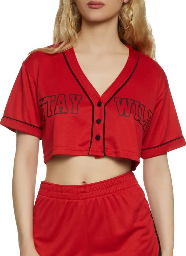 Womens Stay Wild Cropped Baseball Jersey, Pink, Size L | Rainbow Shops