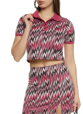 Womens Printed Cropped Polo Shirt, Multi, Size L