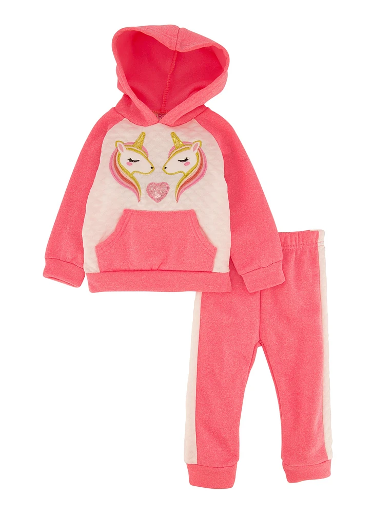 Baby Girls 12-24M Quilted Sequin Unicorn Hoodie and Joggers, Pink,