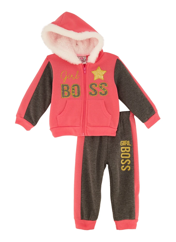 Baby Girls 12-24M Sherpa Lined Girl Boss Sequin Hoodie and Joggers, Pink, Size 12M