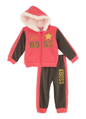 Baby Girls 12-24M Sherpa Lined Girl Boss Sequin Hoodie and Joggers, Pink, Size 12M