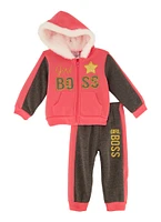 Baby Girls 12-24M Sherpa Lined Girl Boss Sequin Hoodie and Joggers, Pink, Size 24M