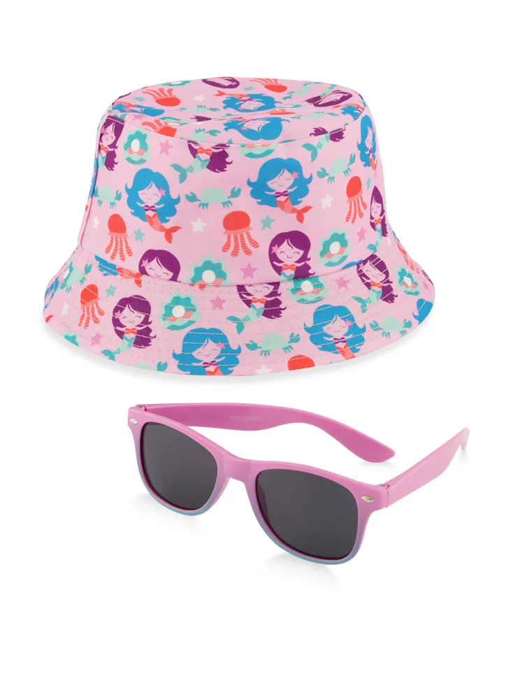 Toddler Girls Ombre Sunglasses and Mermaid Print Bucket Hat, Pink