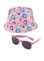 Toddler Girls Ombre Sunglasses and Mermaid Print Bucket Hat, Pink