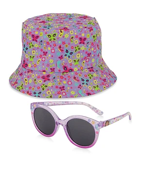 Toddler Girls Butterfly Print Bucket Hat and Sunglasses, Purple