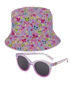 Toddler Girls Butterfly Print Bucket Hat and Sunglasses, Purple