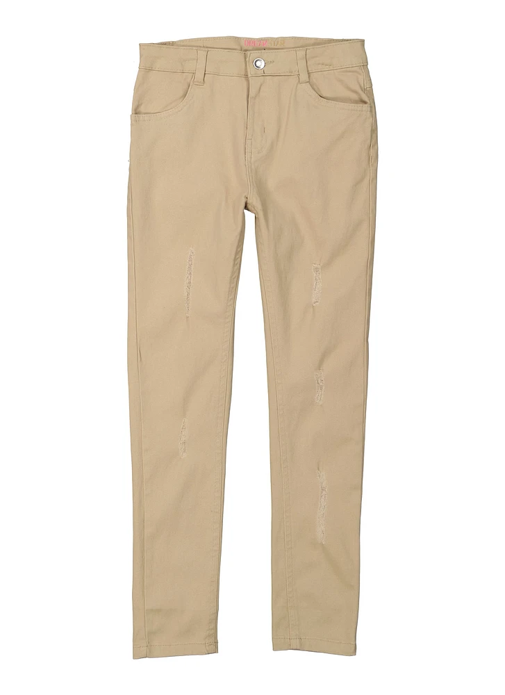 Girls Twill Distressed Pants, Khaki, Size 7