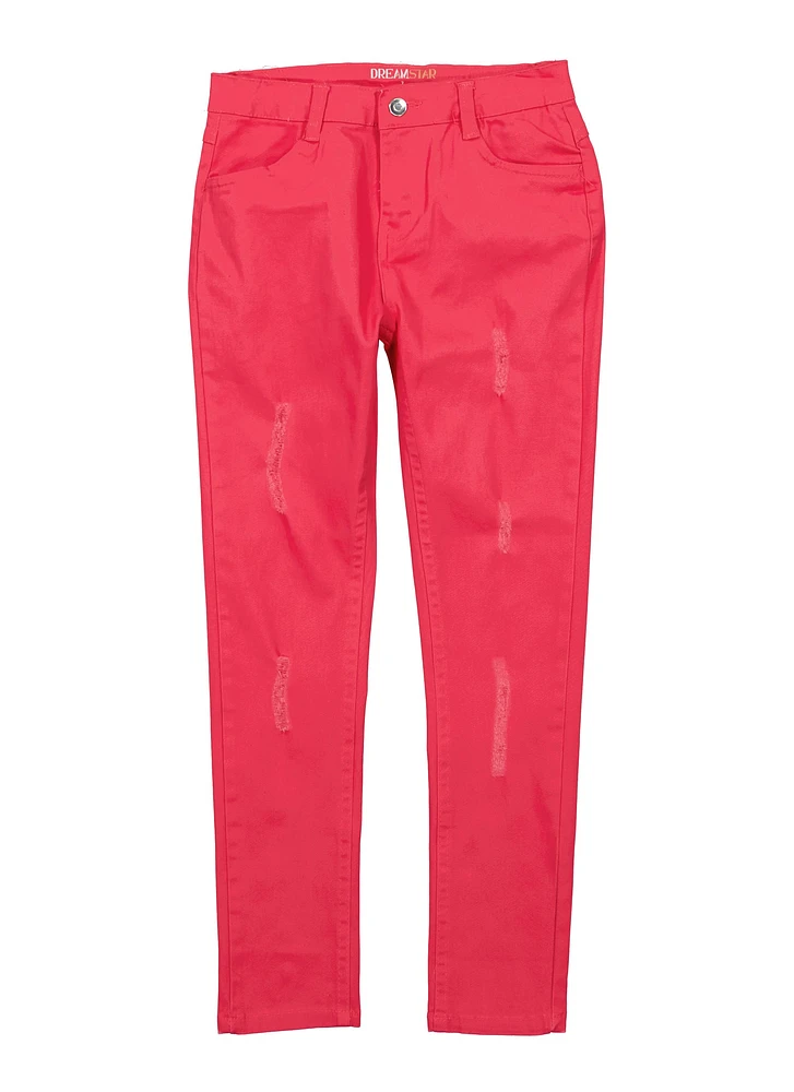 Girls Twill Distressed Pants, Pink, Size 10