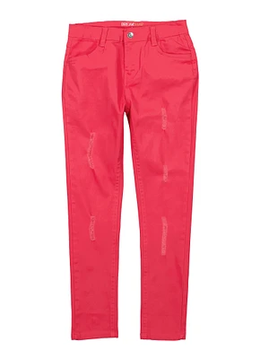 Girls Twill Distressed Pants, Pink, Size 10